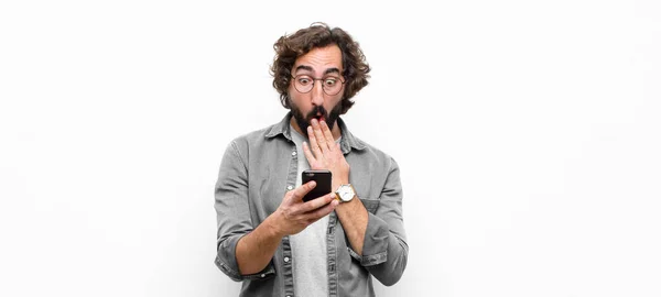 Young Crazy Cool Man Using His Smartphone White Wall — Stock Photo, Image