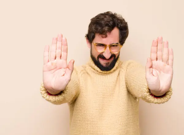 Young Cool Man Looking Serious Unhappy Angry Displeased Forbidding Entry — Stock Photo, Image