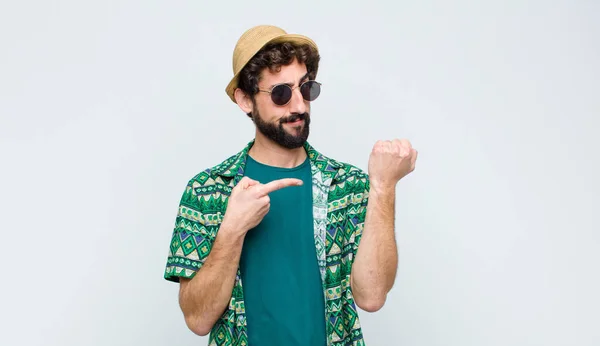 Young Tourist Man Looking Impatient Angry Pointing Watch Asking Punctuality — Stock Photo, Image
