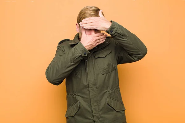 Young Blonde Man Covering Face Both Hands Saying Camera Refusing — Stock Photo, Image