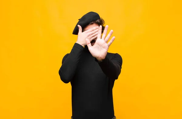 Young French Artist Man Covering Face Hand Putting Other Hand — Stock Photo, Image