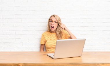 Genç sarışın kadın, kızgın agresif bir ifadeyle kameraya bakıyor. Dizüstü bilgisayar kullanan kızgın, çılgın bir patron gibi görünüyor.