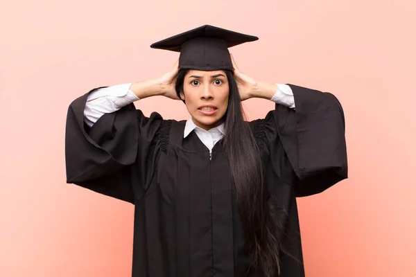 Young Latin Woman Student Feeling Stressed Worried Anxious Scared Hands — Stock Photo, Image