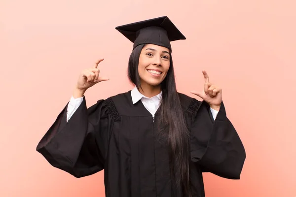 Young Latin Woman Student Framing Outlining Own Smile Both Hands — Stock Photo, Image