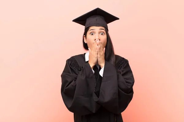 Young Latin Woman Student Feeling Worried Upset Scared Covering Mouth — Stock Photo, Image