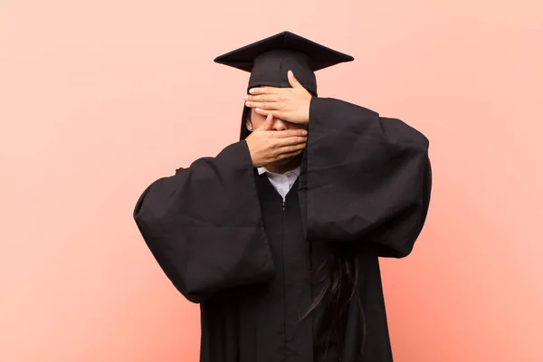 Young Latin Woman Student Covering Face Both Hands Saying Camera — Stock Photo, Image