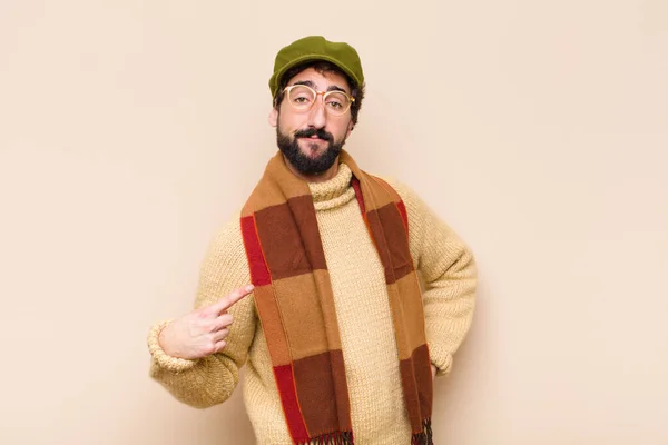 Young Cool Bearded Man Looking Proud Confident Happy Smiling Pointing — Stock Photo, Image