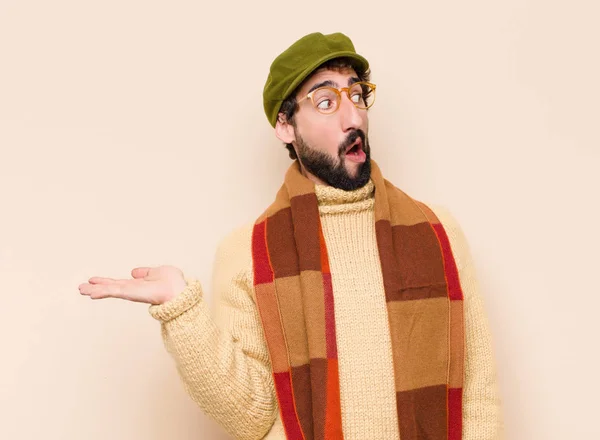 Young Cool Bearded Man Looking Surprised Shocked Jaw Dropped Holding — Stock Photo, Image