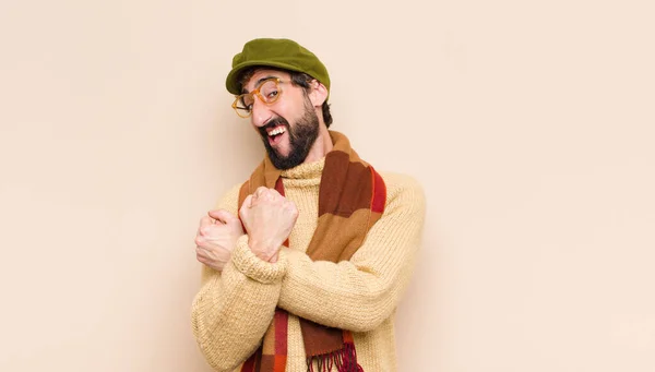 Young Cool Bearded Man Smiling Cheerfully Celebrating Fists Clenched Arms — Stock Photo, Image