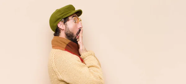 Young Cool Bearded Man Covering Mouth Hands Shocked Surprised Expression — Stock Photo, Image