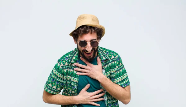 Young Tourist Man Laughing Out Loud Some Hilarious Joke Feeling — Stock Photo, Image