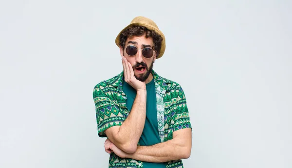 Young Tourist Man Open Mouthed Shock Disbelief Hand Cheek Arm — Stok fotoğraf