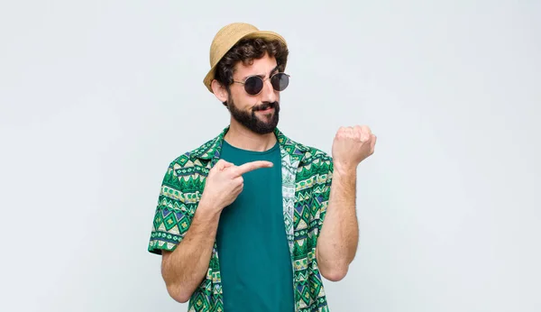 Young Tourist Man Looking Impatient Angry Pointing Watch Asking Punctuality — ストック写真