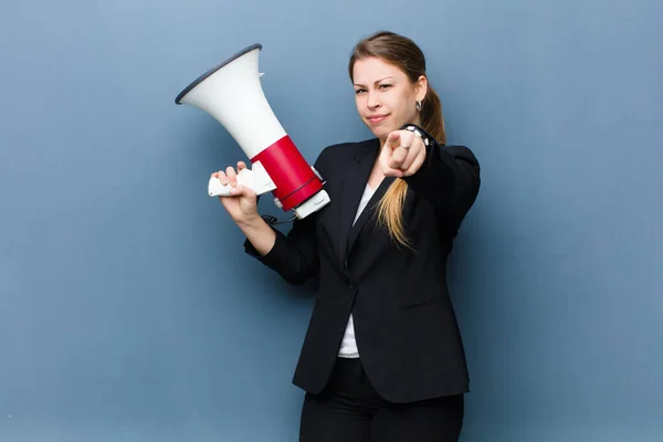 Young Blonde Woman Megaphone Grunge Wall Background — Stock Photo, Image