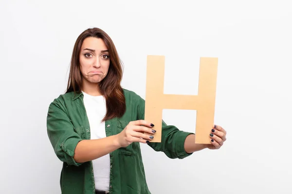 Young Pretty Woman Sad Depressed Unhappy Holding Letter Alphabet Form — Stock Photo, Image