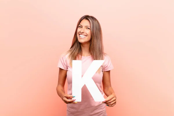 Young Pretty Woman Excited Happy Joyful Holding Letter Alphabet Form — Stock Photo, Image