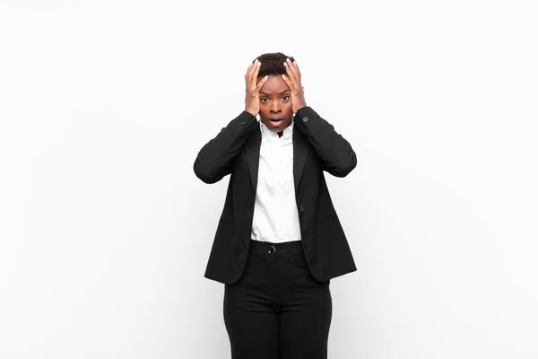 Young Pretty Black Womanfeeling Horrified Shocked Raising Hands Head Panicking — Stock Photo, Image