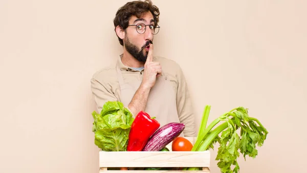 Green Grocery Man Asking Silence Quiet Gesturing Finger Front Mouth — Stock Photo, Image