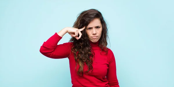 Young Pretty Woman Feeling Confused Puzzled Showing You Insane Crazy — Stock Photo, Image