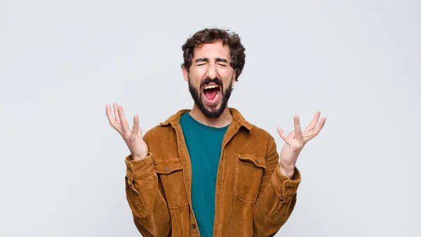 Young Handsome Man Furiously Screaming Feeling Stressed Annoyed Hands Air — Stok fotoğraf