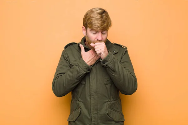 Young Blonde Man Feeling Ill Sore Throat Flu Symptoms Coughing — Stock Photo, Image