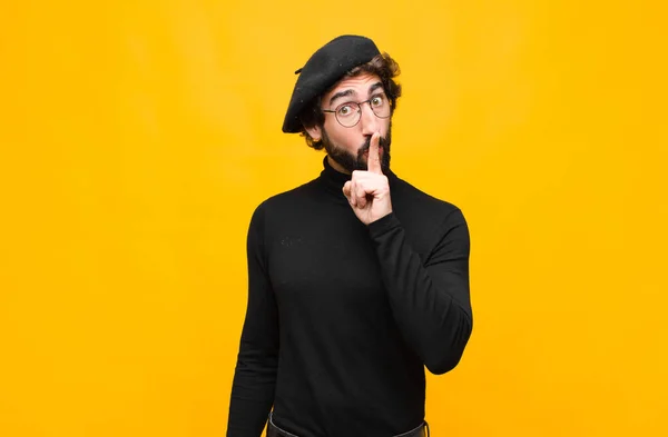 Young French Artist Man Looking Serious Cross Finger Pressed Lips — Stock Photo, Image