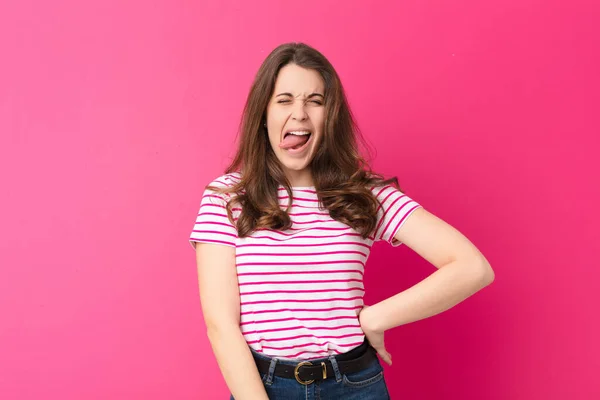 Young Pretty Woman Cheerful Carefree Rebellious Attitude Joking Sticking Tongue — Stock Photo, Image