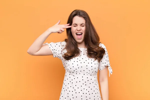 Young Pretty Woman Looking Unhappy Stressed Suicide Gesture Making Gun — Stock Photo, Image