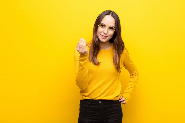 Jonge Mooie Vrouw Maken Capice Geld Gebaar Vertellen Schulden Betalen — Stockfoto