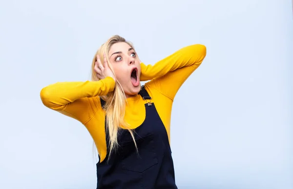 Young Pretty Blonde Woman Open Mouth Looking Horrified Shocked Because — Stock Photo, Image