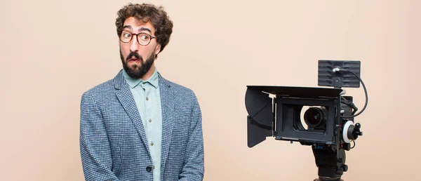 Television Presenter Looking Worried Stressed Anxious Scared Panicking Clenching Teeth — Stock Photo, Image