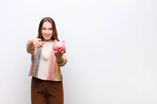Young Blonde Pretty Girl Holding Piggy Bank White Wall — Stock Photo, Image