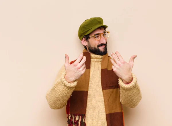 Young Cool Bearded Man Feeling Happy Successful Confident Facing Challenge — Stock Photo, Image