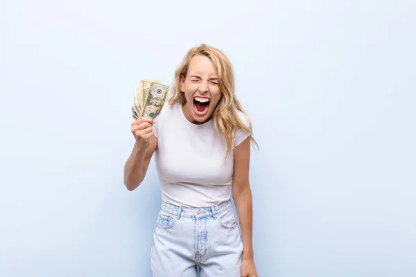 Young Blonde Woman Shouting Aggressively Looking Very Angry Frustrated Outraged — Stock fotografie