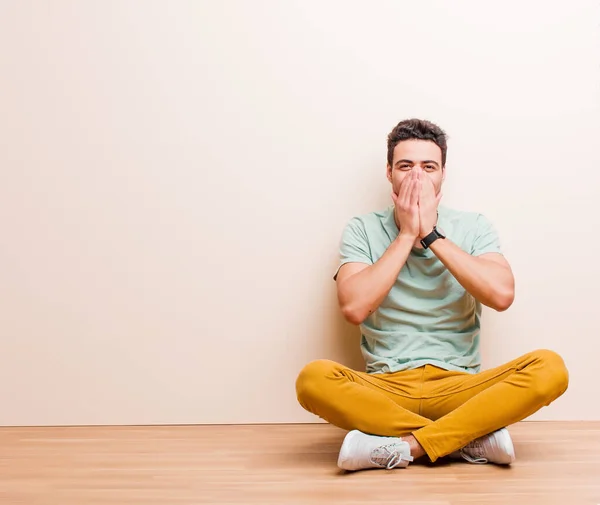 Young Arabian Man Looking Happy Cheerful Lucky Surprised Covering Mouth — Stock Photo, Image