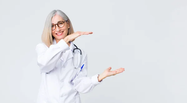 Middle Age Doctor Woman Smiling Feeling Happy Positive Satisfied Holding — Stock Photo, Image