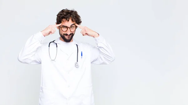 Young Doctor Man Serious Concentrated Look Brainstorming Thinking Challenging Problem — Stock Photo, Image