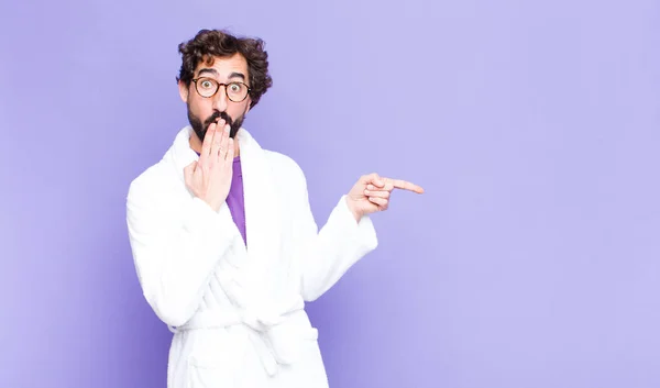 Young Bearded Man Wearing Bathrobe Feeling Happy Shocked Surprised Covering — Stock Photo, Image