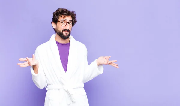 Young Bearded Man Wearing Bathrobe Looking Puzzled Confused Stressed Wondering — Stock Photo, Image