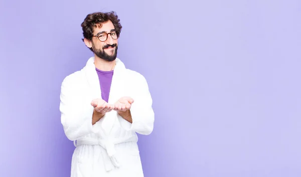 Young Bearded Man Wearing Bathrobe Smiling Happily Friendly Confident Positive — Stock Photo, Image