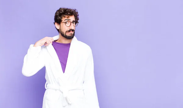 Young Bearded Man Wearing Bathrobe Feeling Stressed Anxious Tired Frustrated — Stock Photo, Image