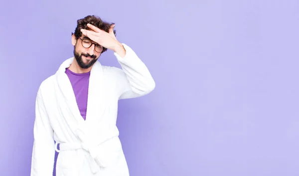 Young Bearded Man Wearing Bathrobe Looking Stressed Tired Frustrated Drying — Stock Photo, Image