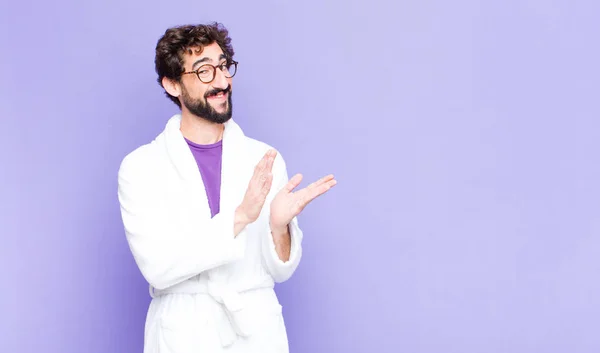 Young Bearded Man Wearing Bathrobe Feeling Happy Successful Smiling Clapping — Stock Photo, Image
