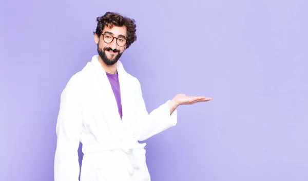 Young Bearded Man Wearing Bathrobe Smiling Cheerfully Feeling Happy Showing — Stock Photo, Image