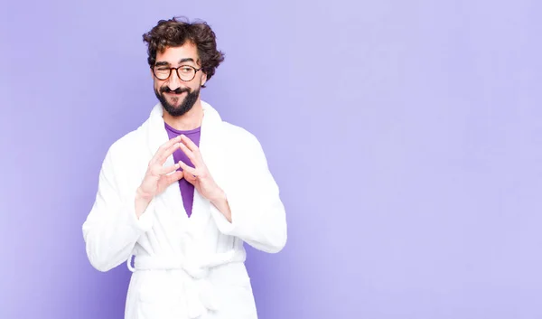 Young Bearded Man Wearing Bathrobe Feeling Proud Mischievous Arrogant While — Stock Photo, Image