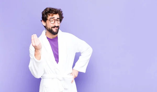 Young Bearded Man Wearing Bathrobe Making Capice Money Gesture Telling — Stock Photo, Image