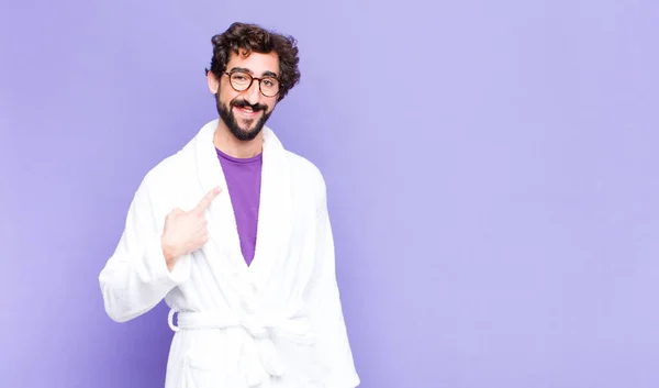 Young Bearded Man Wearing Bathrobe Looking Happy Proud Surprised Cheerfully — Stock Photo, Image