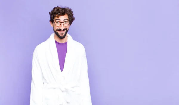 Young Bearded Man Wearing Bathrobe Looking Happy Goofy Broad Fun — Stock Photo, Image