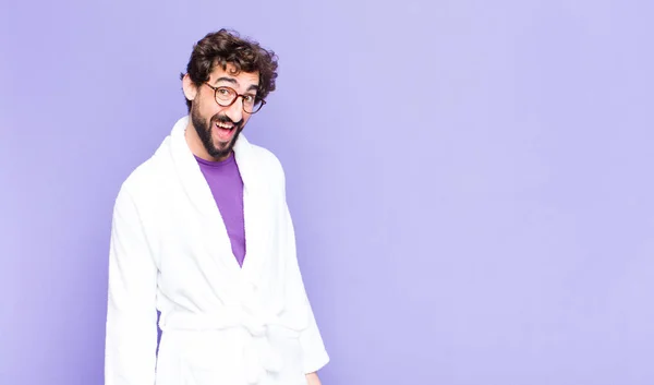 Young Bearded Man Wearing Bathrobe Big Friendly Carefree Smile Looking — Stock Photo, Image