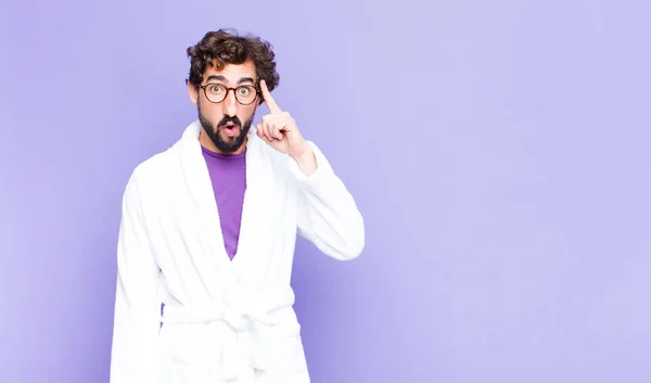 Young Bearded Man Wearing Bathrobe Looking Surprised Open Mouthed Shocked — Stock Photo, Image